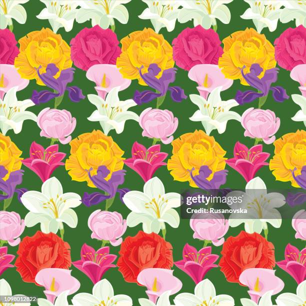 rose, white lily, iris, ranunculus. floral seamless pattern. - calla lily vector stock illustrations