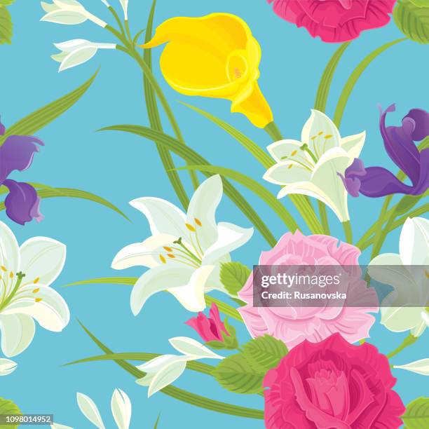 pink roses, iris, white lilies and yellow calla lily. floral seamless pattern. - iris flower stock illustrations