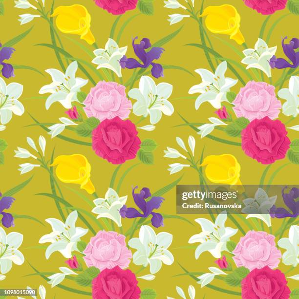 pink roses, iris, white lilies and yellow calla lily. floral seamless pattern. - iris flower stock illustrations