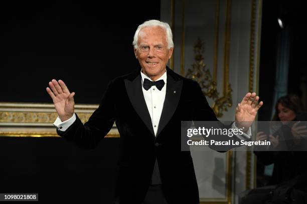 Giorgio Armani walks the runway during the Giorgio Armani Prive Spring io 2019 show as part of Paris Fashion Week on January 22, 2019 in Paris,...