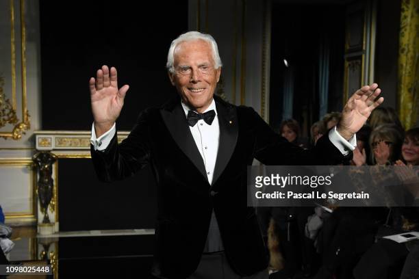 Designer, Giorgio Armani, walks the runway during the finale of the Giorgio Armani Prive Spring Summer 2019 show as part of Paris Fashion Week on...