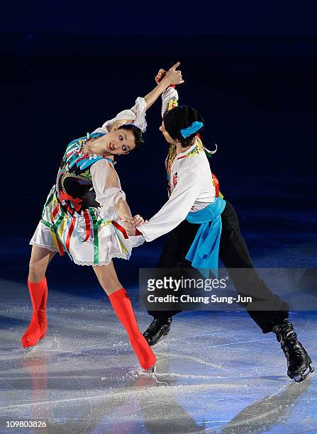 Ksenia Monko and Kirill Khaliavin of Russia skate in the Gala Exhibition during day seven of the 2011 World Junior Figure Skating Championships at...