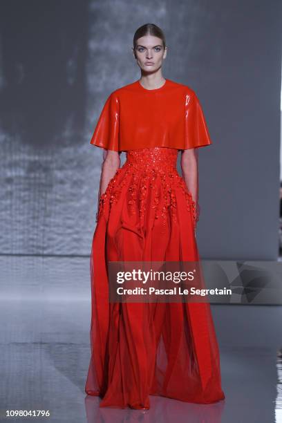 Model walks the runway during the Givenchy Spring Summer 2019 show as part of Paris Fashion Week on January 22, 2019 in Paris, France.