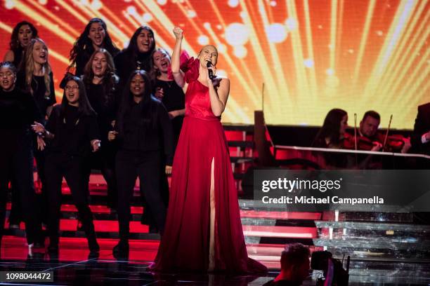 Sanna Nielsen performs during Idrottsgalan, the annual Swedish Sports Awards Gala, at the Ericsson Globe Arena on January 21, 2019 in Stockholm,...