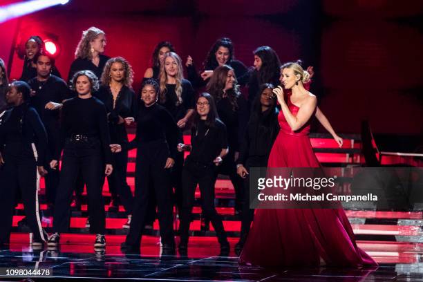 Sanna Nielsen performs during Idrottsgalan, the annual Swedish Sports Awards Gala, at the Ericsson Globe Arena on January 21, 2019 in Stockholm,...