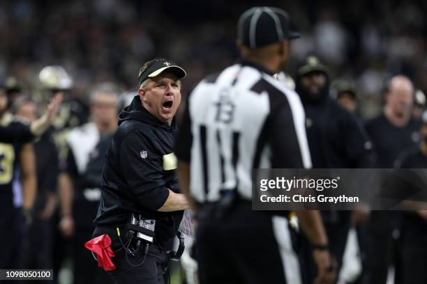 Head coach Sean Payton of the New Orleans Saints reacts after a no-call between Tommylee Lewis of the New Orleans Saints and Nickell Robey-Coleman of...