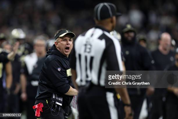Head coach Sean Payton of the New Orleans Saints reacts after a no-call between Tommylee Lewis of the New Orleans Saints and Nickell Robey-Coleman of...