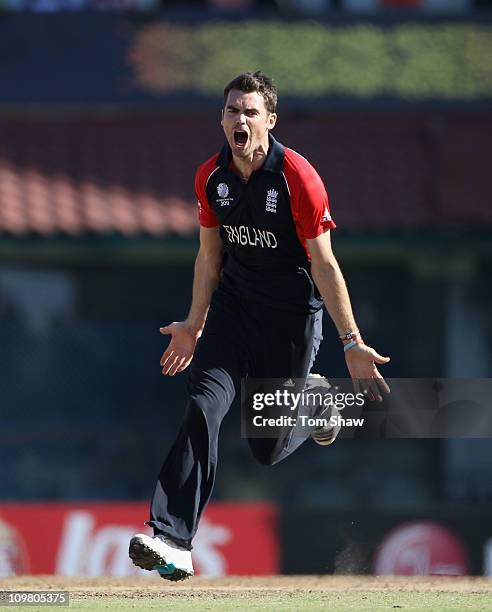 James Anderson of England celebrates taking the wicket of JP Duminy of South Africa during the 2011 ICC World Cup Group B match between England and...