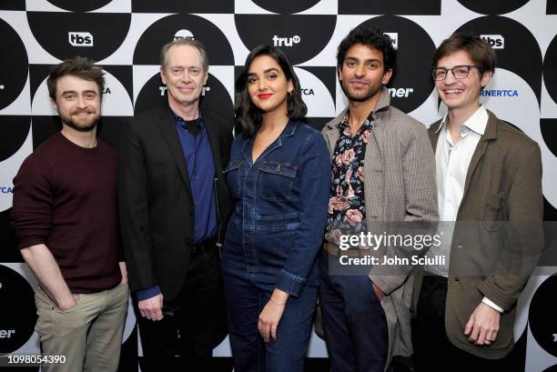 Daniel Radcliffe, Steve Buscemi, Geraldine Viswanathan, Karan Soni, and Simon Rich of the television show 'Miracle Workers' pose in the green room...