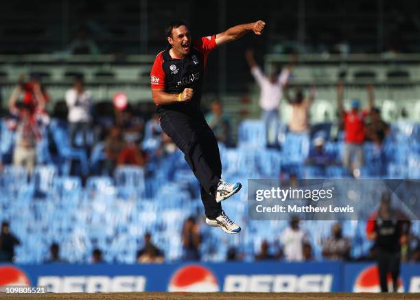 Michael Yardy of England celebrates the wicket of Robin Peterson of South Africa, after he was caught by Matt Prior during the 2011 ICC World Cup...