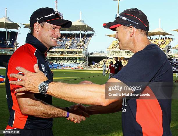 Andrew Strauss, captain of England is congratulated by Andy Flower, Coach of England after they beat South Africa by 6 runs during the 2011 ICC World...