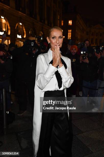 Celine Dion is seen arriving at Armani Privè fashion show during Paris Fashion Week Haute Couture Spring Summer 2020 on January 22, 2019 in Paris,...