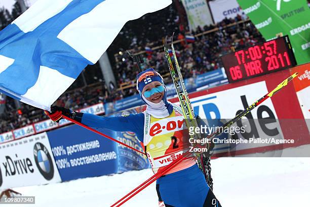 Kaisa Makarainen of Finland takes 1st place during the IBU Biathlon World Championships Women's 10km Pursuit on March 6, 2011 in Khanty-Mansiysk,...