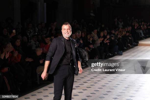 Designer Julien Fournie walks the runway during the Julien Fournie Spring Summer 2019 show as part of Paris Fashion Week on January 22, 2019 in...