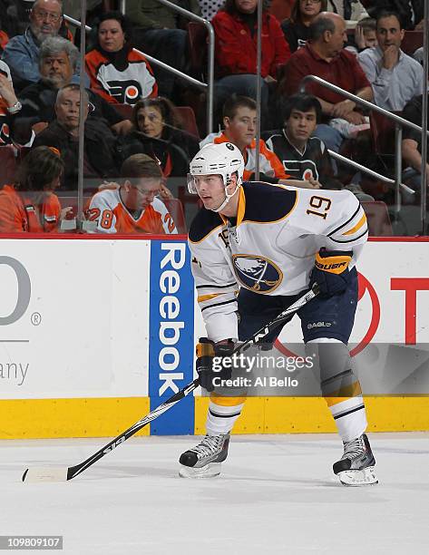 Tim Connoly of the Buffalo Sabres in action against The Philadelphia Flyers during their game on March 5, 2011 at The Wells Fargo Center in...