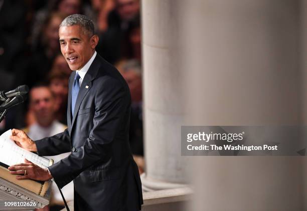 Former President Barack Obama speaks during the funeral service at the National Cathedral for Sen. John S. McCain , a six-term senator from Arizona...