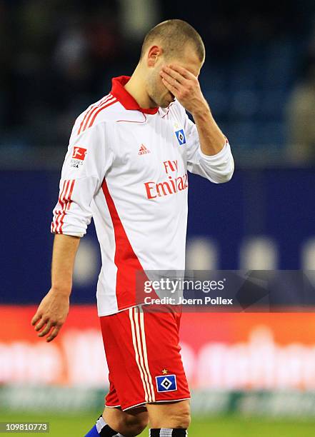 Mladen Petric of Hamburg gestures after the Bundesliga match between Hamburger SV and FSV Mainz 05 at Imtech Arena on March 6, 2011 in Hamburg,...