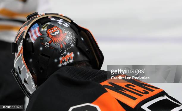 View of goaltender Mike McKenna of the Philadelphia Flyers during warm-ups against the Boston Bruins on January 16, 2019 at the Wells Fargo Center in...