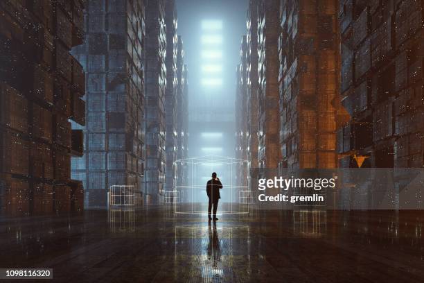 businessmen on the phone in futuristic dark city - cloud computing architecture stock pictures, royalty-free photos & images