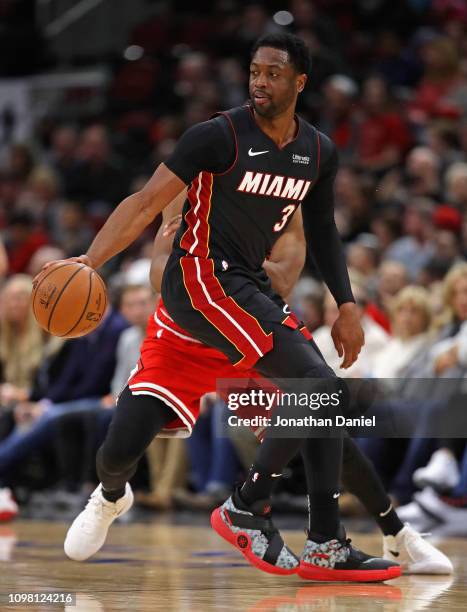 Dwyane Wade of the Miami Heat moves against the Chicago Bulls at United Center on January 19, 2019 in Chicago, Illinois. The Heat defeated the Bulls...