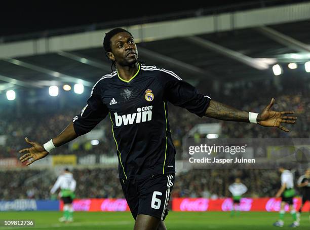 Emanuel Abadayour of Real Madrid celebrates scoring his sides opening goal during the la Liga match between Racing Santander and Real Madrid at El...