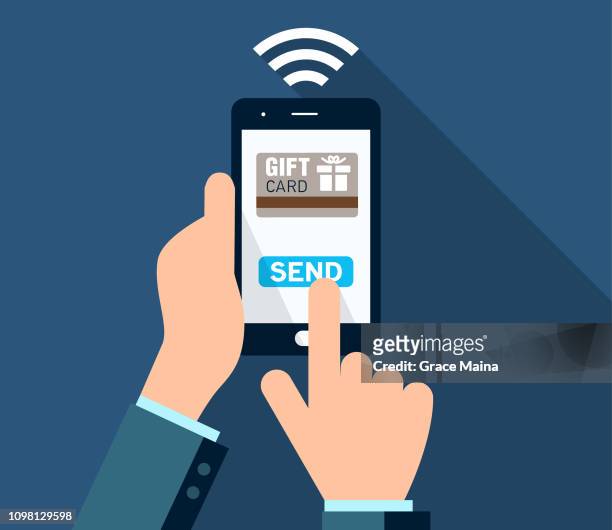 smartphone sending gift through wireless connection - checkout stock illustrations