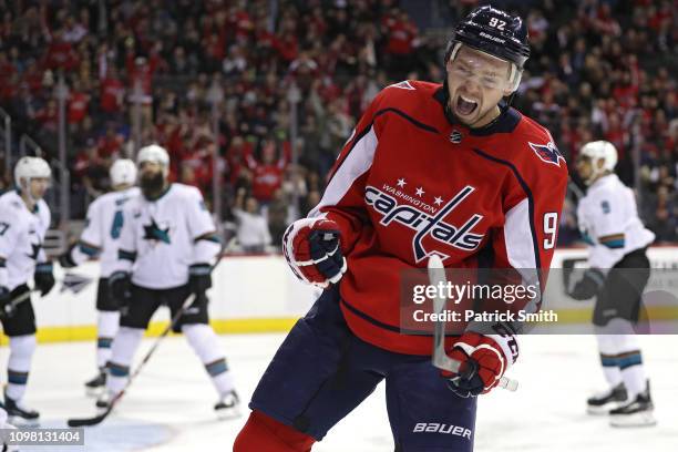 Evgeny Kuznetsov of the Washington Capitals celebrates his goal against the San Jose Sharks during the second period at Capital One Arena on January...