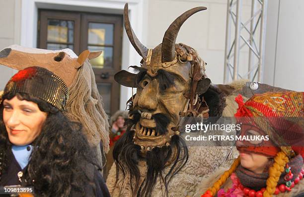People celebrate Uzgavenes dressed as gypsies, horses, goats in the old town of Vilnius, on March 6, 2011. Uzgavenes is held before the beginning...