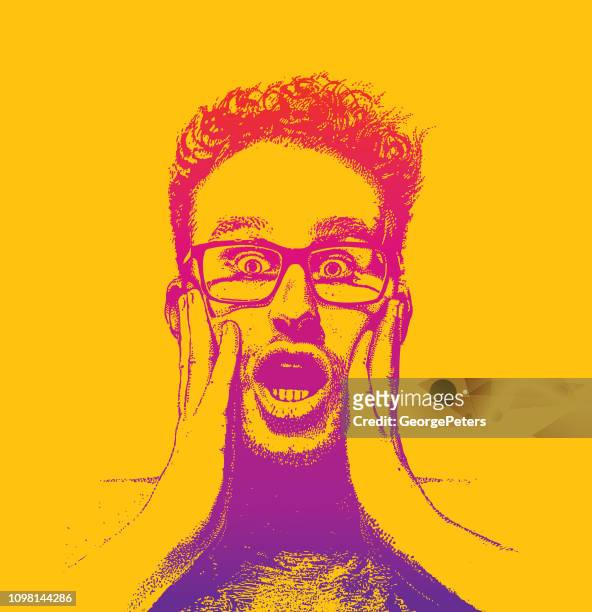 young man with shocked facial expression - head in hands silhouette stock illustrations