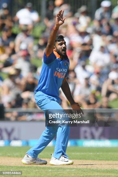 Vijay Shankar of India appeals during game one of the One Day International series between New Zealand and India at McLean Park on January 23, 2019...