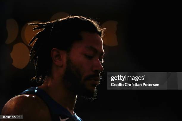 Derrick Rose of the Minnesota Timberwolves walks on the court during a break from the first half of the NBA game against the Phoenix Suns at Talking...