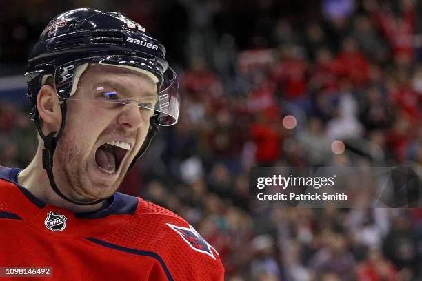 Evgeny Kuznetsov of the Washington Capitals celebrates his goal against the San Jose Sharks during the second period at Capital One Arena on January...
