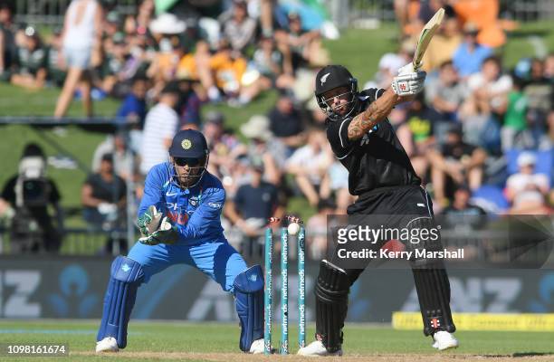 Doug Bracewell of New Zealand plays the ball onto his wickets during game one of the One Day International series between New Zealand and India at...