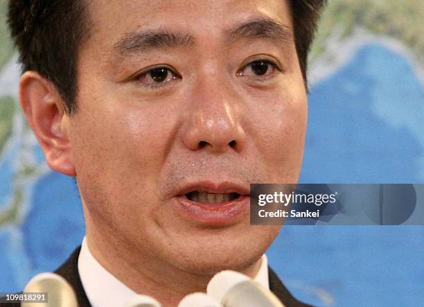 Foreign Minister Seiji Maehara speaks during the resignation press conference at the Foreign Ministry on March 6, 2011 in Tokyo, Japan. Maehara has...