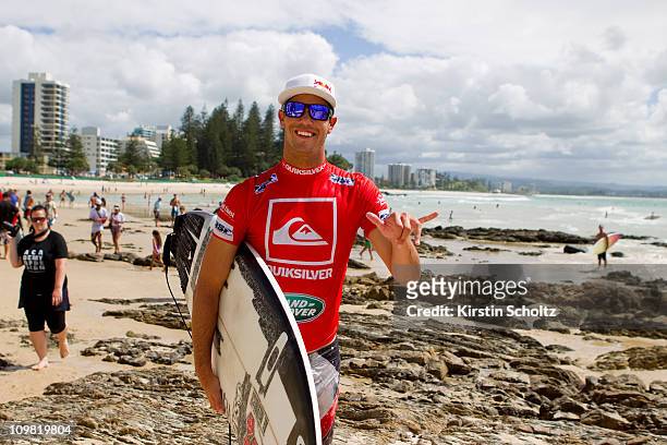 Jordy Smith of South Africa celebrates after winning his round 3 heat of the Quiksilver Pro on March 7, 2011 in Gold Coast, Australia.
