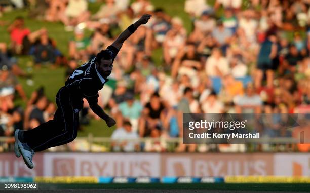 Doug Bracewell of New Zealand bowls during game one of the One Day International series between New Zealand and India at McLean Park on January 23,...