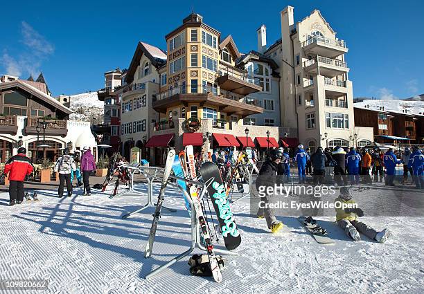 Cityview of Vail central area, with hotels, skiers on February 04, 2011 in Vail, Colorado, United States.