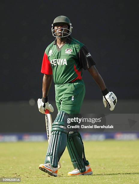 Steve Tikolo of Kenya walks back to the pavillion after being dismissed by Rizwan Cheema of Canada during the ICC Cricket World Cup group A match...