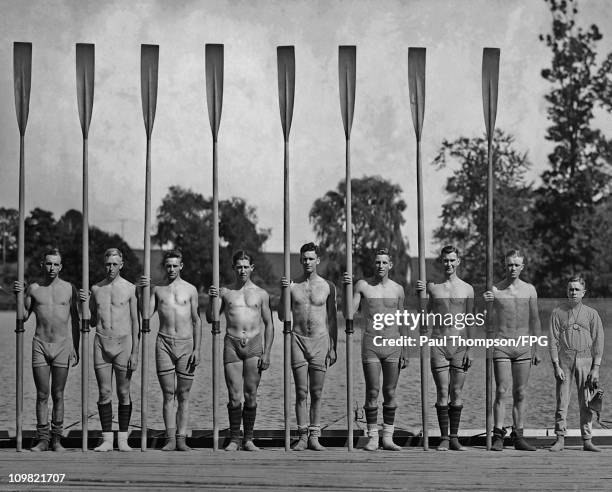 The University Of California rowing team pose in 1921, JM. Rogers, EL Marquardsen, LABrown, TJ Kemp, R.C. Downs, D.A. McMillan, F.G. Mehan, A.E....