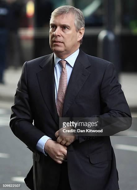 Prince Andrew The Duke of York arrives at the Headquarters of CrossRail in Canary Wharf on March 7, 2011 in London, England. Prince Andrew is under...