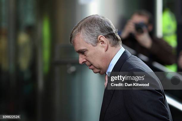 Prince Andrew The Duke of York arrives at the Headquarters of CrossRail in Canary Wharf on March 7, 2011 in London, England. Prince Andrew is under...