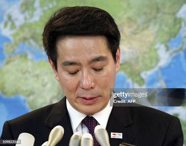 Japanese Foreign Minister Seiji Maehara announces his resignation at his office in Tokyo on March 6, 2011. Maehara -- who had been seen as a likely...