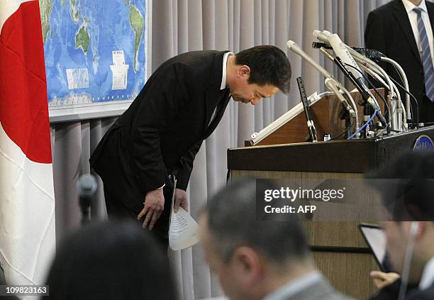 Japanese Foreign Minister Seiji Maehara bows his head as he announces his resignation at his office in Tokyo on March 6, 2011. Maehara -- who had...