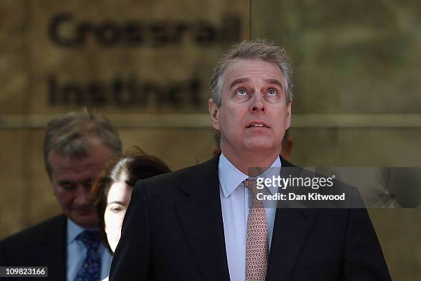 Prince Andrew, Duke of York leaves the headquarters of Crossrail at Canary Wharf on March 7, 2011 in London, England. Prince Andrew is under...