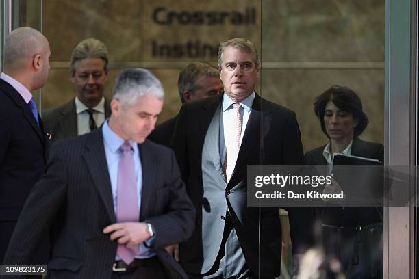 Prince Andrew, Duke of York leaves the headquarters of Crossrail at Canary Wharf on March 7, 2011 in London, England. Prince Andrew is under...
