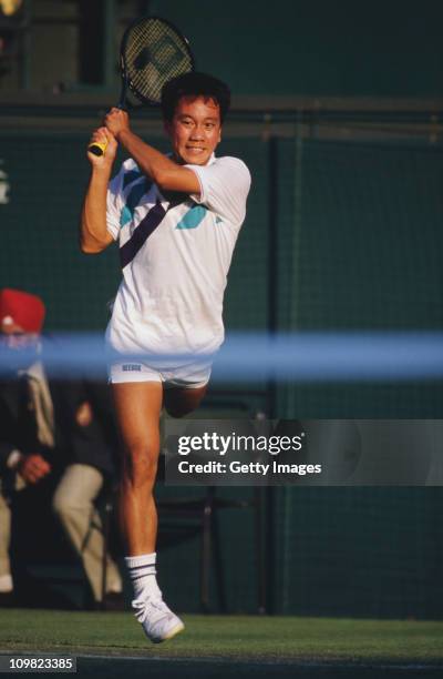 American tennis player Michael Chang competing in the Wimbledon Lawn Tennis Championships, London, 1988.