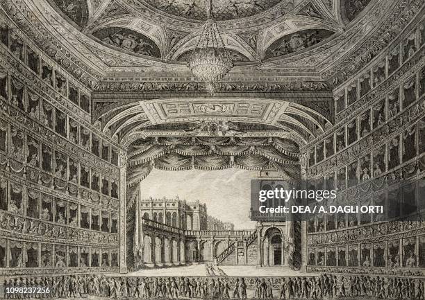 The interior of the Grand Theatre La Fenice, engraving. Italy, 19th century.