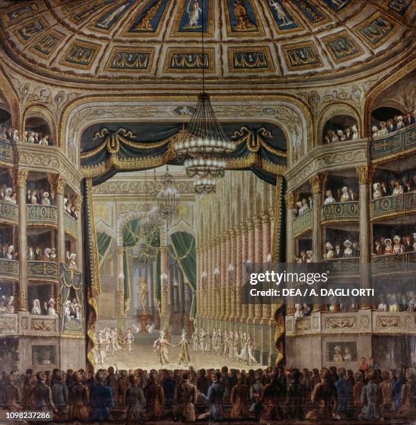 The interior of the Opera Le Peletier in Paris on the day of its inauguration, August 16 illustration. France, 19th century.