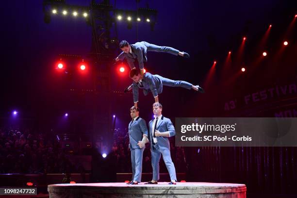 Acrobats perform during the Gala Ceremony of the 43rd International Circus Festival of Monte-Carlo on January 22, 2019 in Monaco, Monaco.