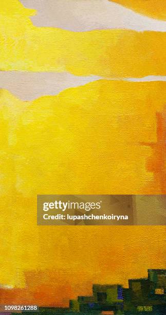 fashionable summer illustration modern art work my original abstract symbolic oil painting on canvas vertical decorative landscape landscape in yellow colors sky horizon clouds sky and earth - oil paint stock illustrations